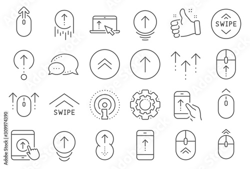 Swipe up line icons. Scrolling mouse, landing page swipe signs. Scroll up mobile device technology icons. Website scroll navigation. Tablet pc or smartphone symbols. Phone scrolling. Vector © blankstock