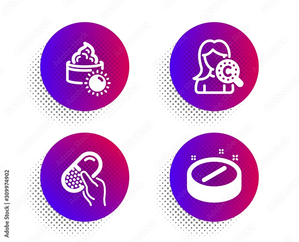 Sun cream, Capsule pill and Collagen skin icons simple set. Halftone dots button. Medical tablet sign. Face lotion, Medicine drugs, Skin care. Medicine pill. Healthcare set. Vector