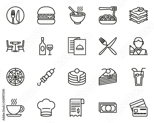Dinner At Restaurant Icons Thin Line Set Big