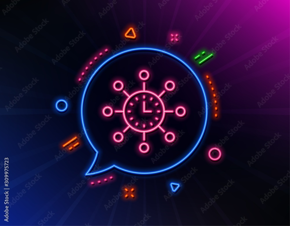 World time line icon. Neon laser lights. Global watch sign. Glow laser speech bubble. Neon lights chat bubble. Banner badge with world time icon. Vector