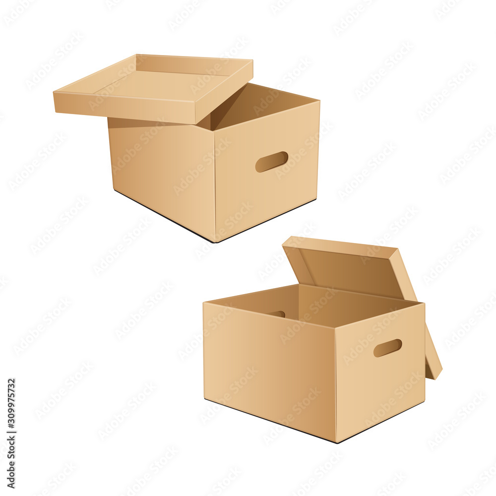 Cardboard open boxes with holes for hands. For storage or other purpose. Vector illustration