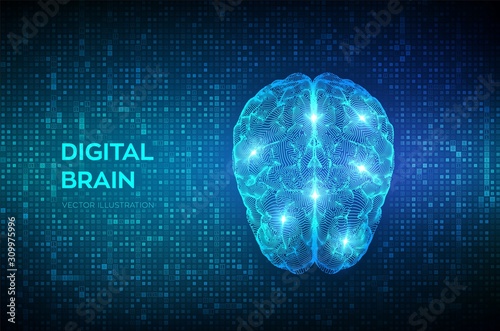 Brain. Digital brain on streaming matrix digital binary code background. 3D Science and Technology concept. Neural network. IQ testing, artificial intelligence virtual emulation. Vector illustration.