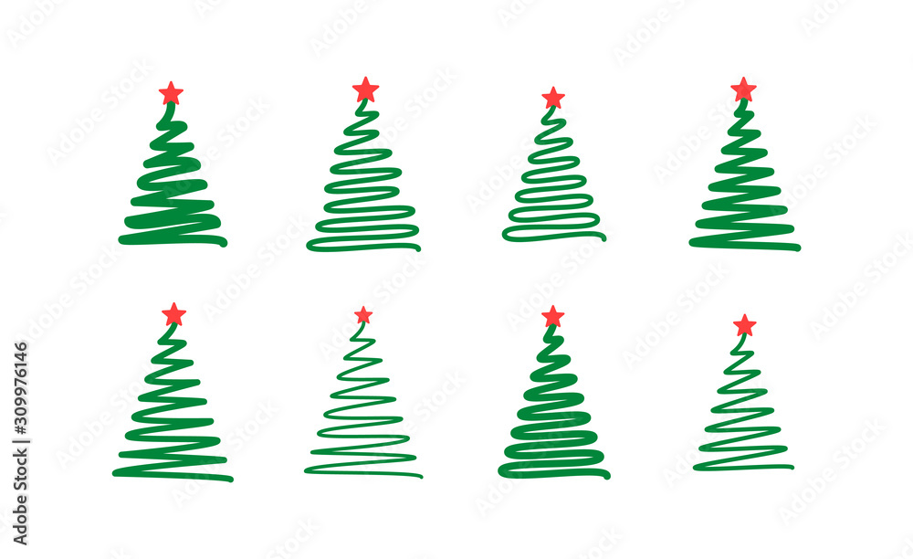 Christmas tree. Line draw scribbled stylized set. Decorative vector green red elements collection, holiday black sign on white. Template for laser plotter cutting, printing.