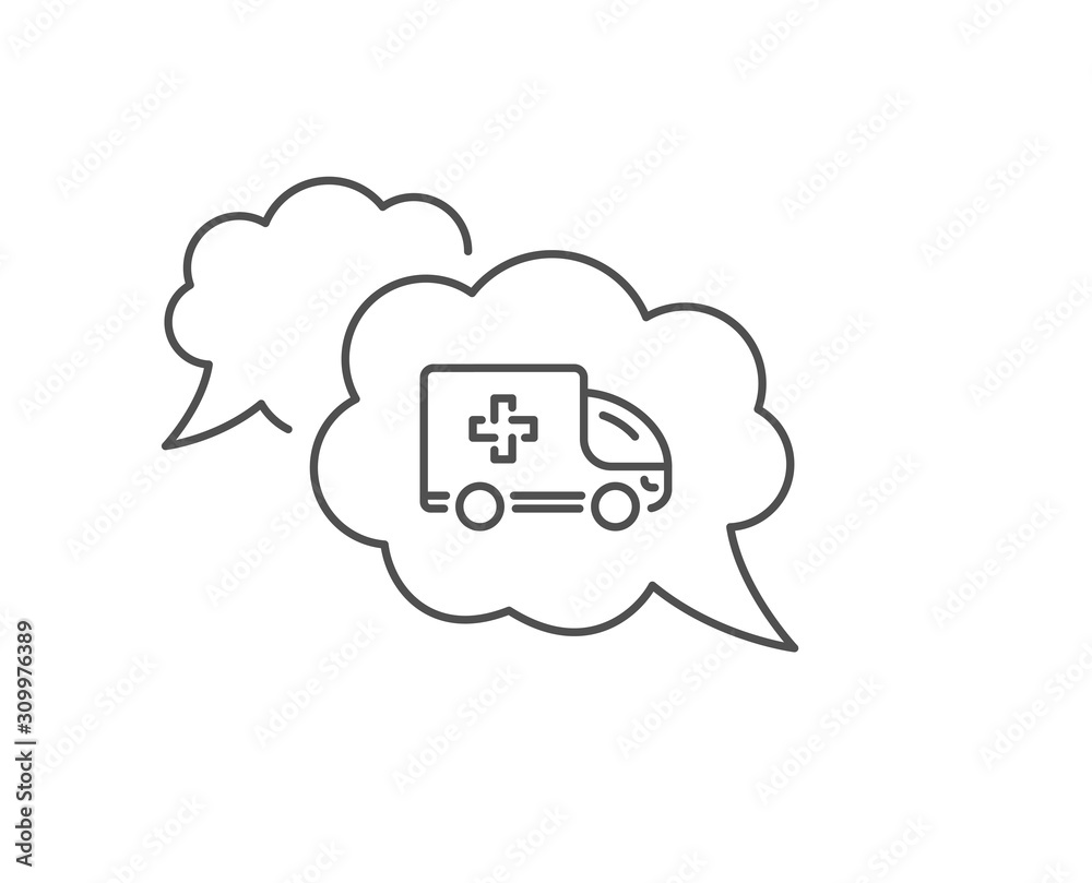 Ambulance emergency car line icon. Chat bubble design. Hospital transportation vehicle sign. Medical symbol. Outline concept. Thin line ambulance emergency icon. Vector Ambulance emergency car line icon. Chat bubble design. Hospital transportation vehicle sign. Medical symbol. Outline concept. Thin line ambulance emergency icon. Vector