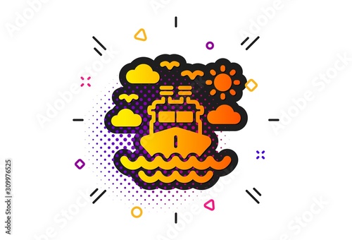 Trip transport sign. Halftone circles pattern. Ship travel icon. Holidays cruise symbol. Classic flat ship travel icon. Vector