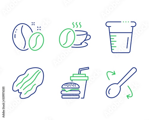 Cooking beaker, Hamburger and Coffee beans line icons set. Coffee cup, Pecan nut and Cooking spoon signs. Water, Burger with drink, Roasted seeds. Roasted bean. Food and drink set. Vector