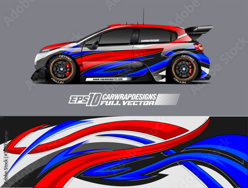 Racing car wrap design vector. Graphic abstract stripe racing background kit designs for wrap vehicle, race car, rally, adventure and livery. Full vector eps 10
