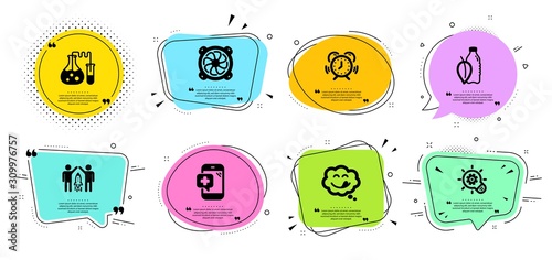 Computer fan, Yummy smile and Water bottle line icons set. Chat bubbles with quotes. Chemistry lab, Medical phone and Partnership signs. Time management, Cogwheel symbols. Vector
