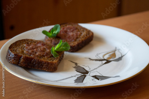 rye torrefy toast whith meat and mint photo