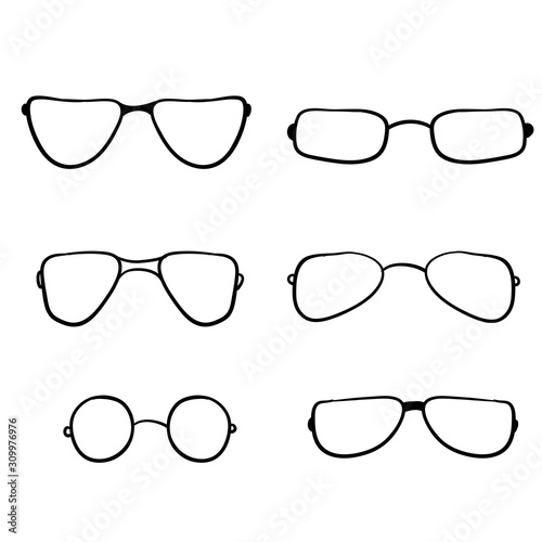 hand drawn glasses icon set isolated on white background. Vector doodle cartoon style illustration.