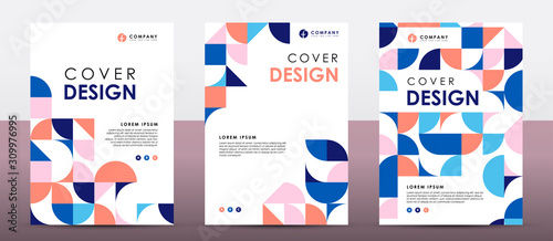 Set of retro cover design template. Blue and orange color shape composition.
