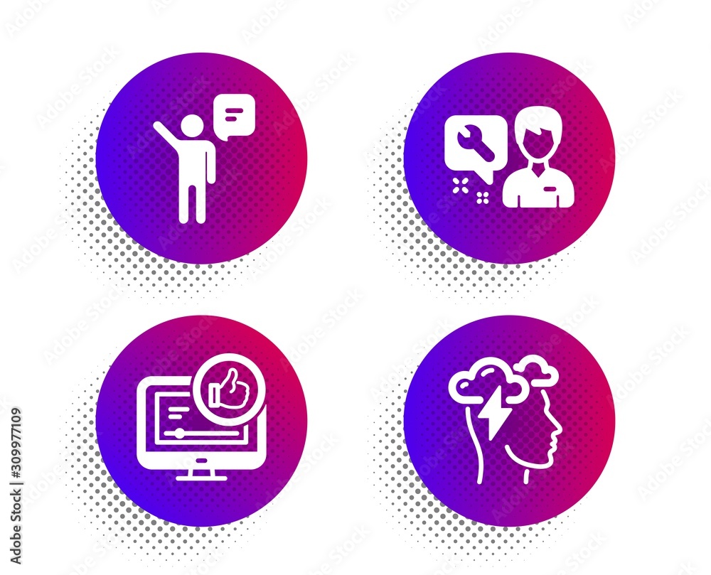 Agent, Repairman and Like video icons simple set. Halftone dots button. Mindfulness stress sign. Business person, Repair service, Thumbs up. Cloud storm. People set. Classic flat agent icon. Vector Agent, Repairman and Like video icons simple set. Halftone dots button. Mindfulness stress sign. Business person, Repair service, Thumbs up. Cloud storm. People set. Classic flat agent icon. Vector