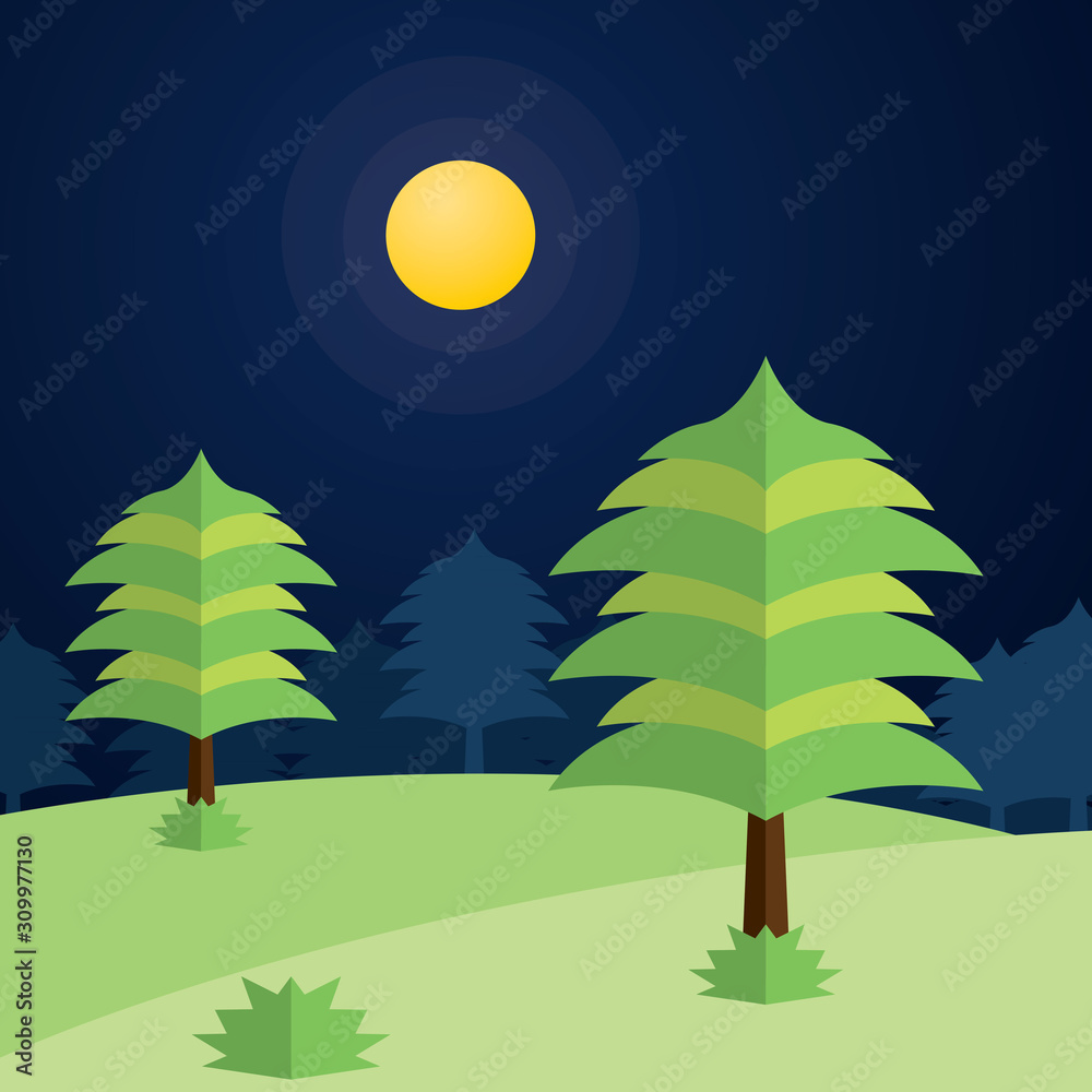 Night forest with tree and moon illustration