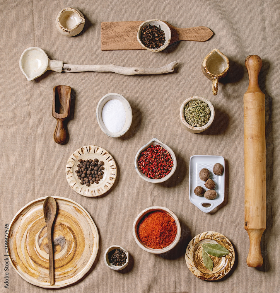 Variety of dishes and spices Variety of dishes and spices