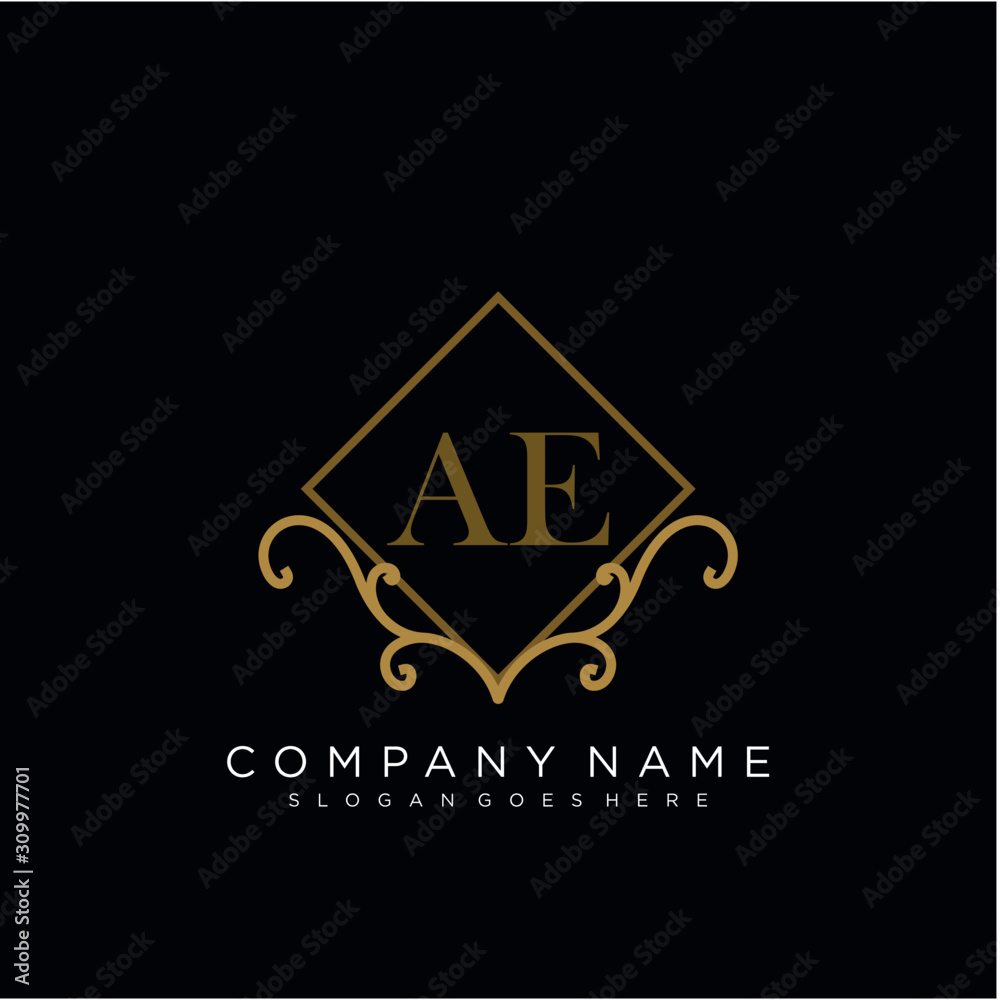 Initial letter AE logo luxury vector mark, gold color elegant classical