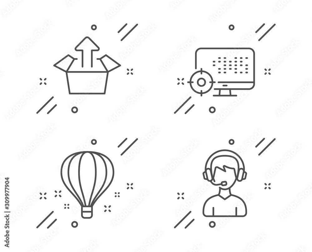 Air balloon, Send box and Seo line icons set. Consultant sign. Sky travelling, Delivery package, Search engine. Call center. Technology set. Line air balloon outline icon. Vector Air balloon, Send box and Seo line icons set. Consultant sign. Sky travelling, Delivery package, Search engine. Call center. Technology set. Line air balloon outline icon. Vector