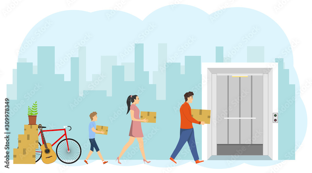 Fototapeta premium A happy, large family moving to a new home. Dad, mom and little son carry boxes with things in the elevator. The acquisition of new housing. Relocation. Vector illustration.