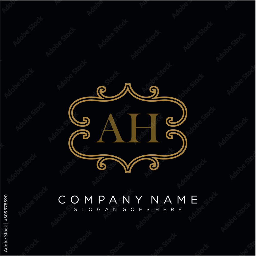 Initial letter AH logo luxury vector mark, gold color elegant classical