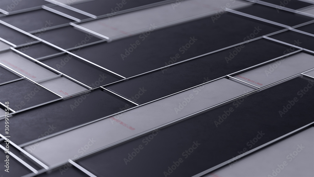 Obraz premium 3d render abstract background with black and white rectangles pattern and chrome thin grid.