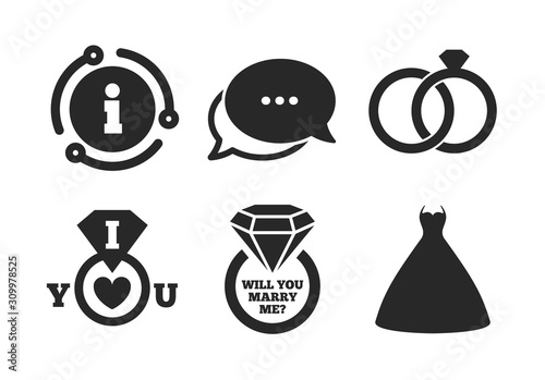 Bride and groom rings symbol. Chat, info sign. Wedding dress icon. Wedding or engagement day ring with diamond sign. Will you marry me? Classic style speech bubble icon. Vector