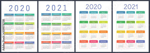 Calendar 2020, 2021 years. Colorful vector set. Week starts on Sunday. Vertical English calender design template