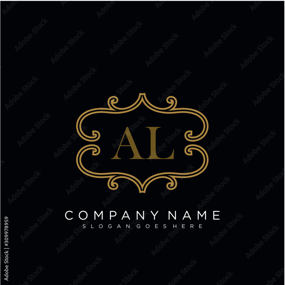 Initial letter AL logo luxury vector mark, gold color elegant classical