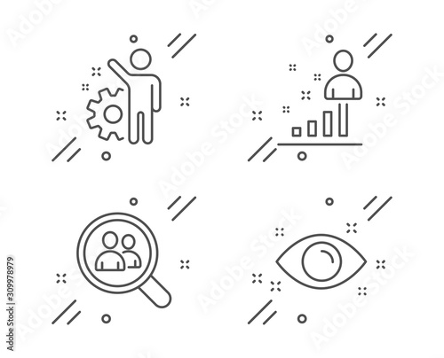 Stats, Search employees and Employee line icons set. Health eye sign. Business analysis, Staff analysis, Cogwheel. Optometry. People set. Line stats outline icon. Vector