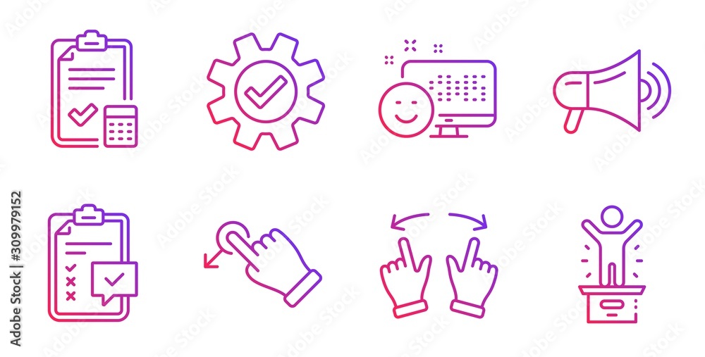 Megaphone, Service and Smile line icons set. Checklist, Drag drop and Move gesture signs. Accounting checklist, Winner podium symbols. Advertisement, Cogwheel gear. Technology set. Vector Megaphone, Service and Smile line icons set. Checklist, Drag drop and Move gesture signs. Accounting checklist, Winner podium symbols. Advertisement, Cogwheel gear. Technology set. Vector