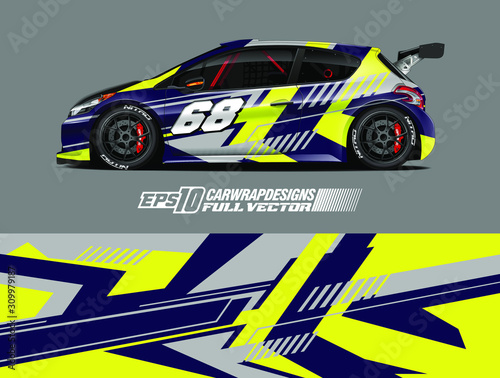 Racing car wrap design vector. Graphic abstract stripe racing background kit designs for wrap vehicle, race car, rally, adventure and livery. Full vector eps 10