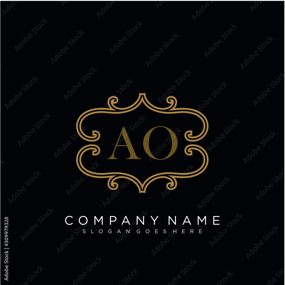 Initial letter AO logo luxury vector mark, gold color elegant classical