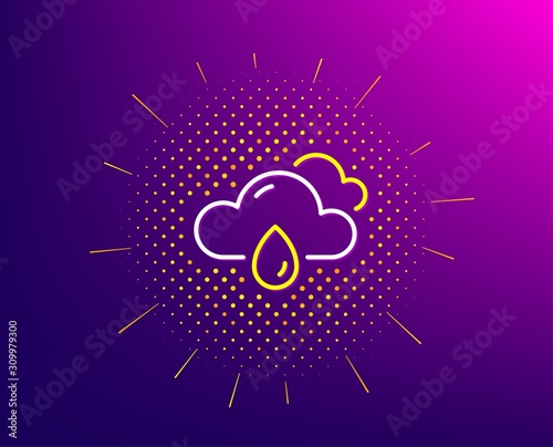 Rainy weather forecast line icon. Halftone pattern. Clouds with rain sign. Cloudy sky symbol. Gradient background. Rainy weather line icon. Yellow halftone pattern. Vector