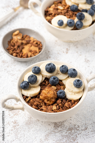 Granola, oatmeal with berry food background