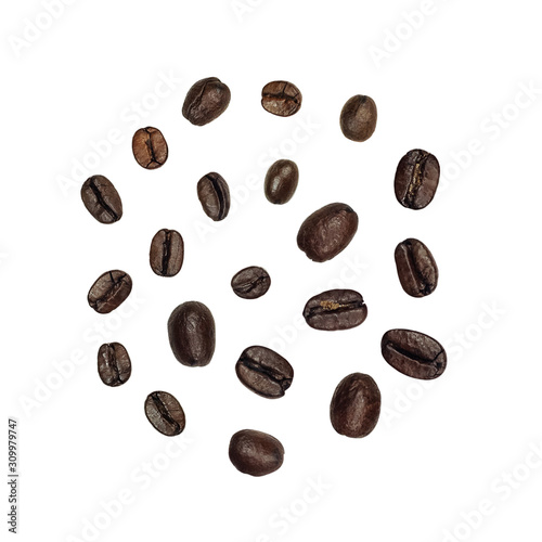 Top view of whole coffee beans isolated on white background