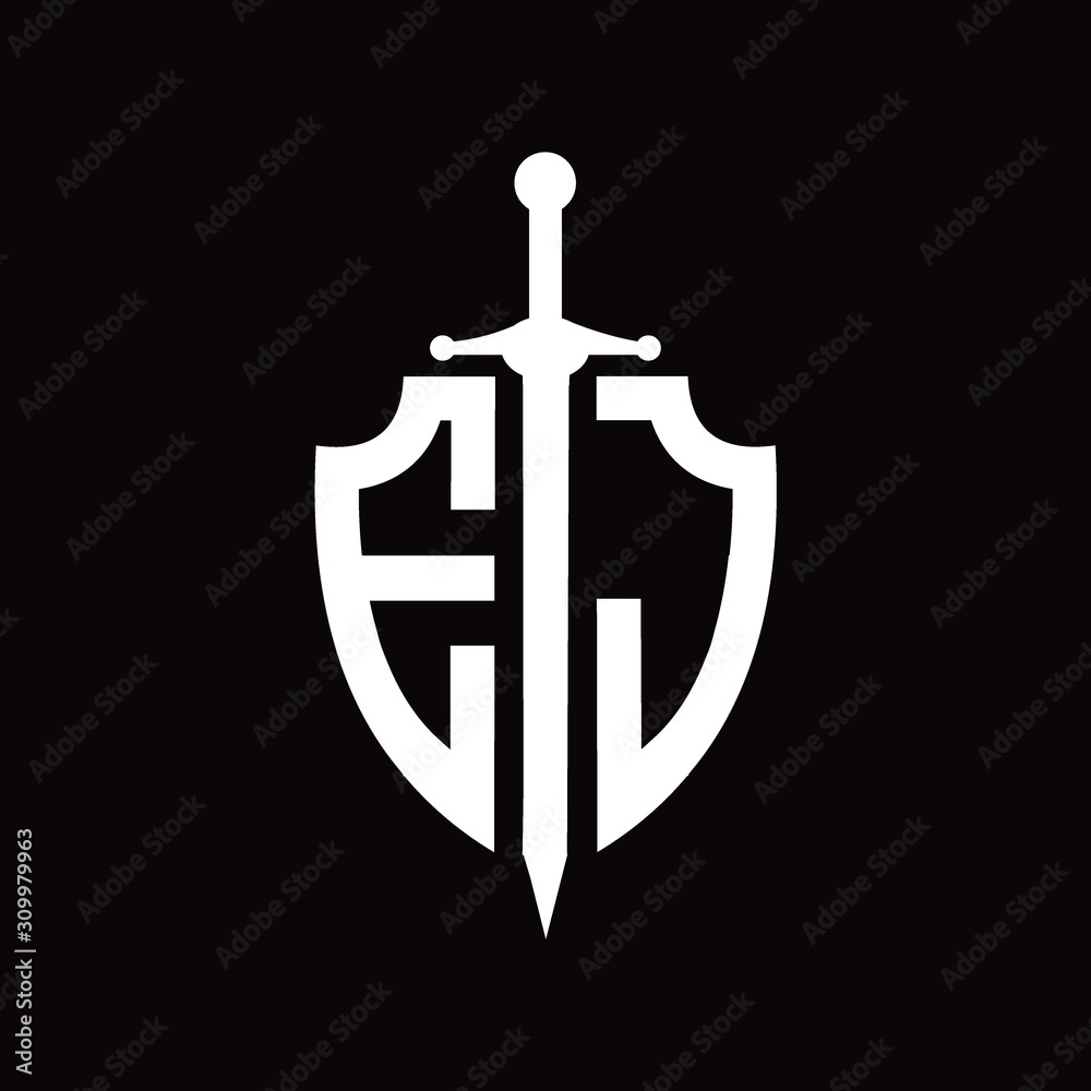 EJ logo with shield shape and sword design template EJ logo with shield shape and sword design template