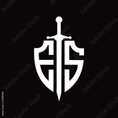 ES logo with shield shape and sword design template