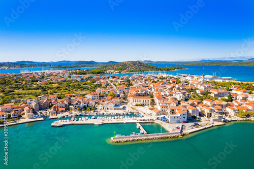 Adriatic coast in Dalmatia  Croatia  beautiful island of Murter and town of Betina from air  popular touristic destination
