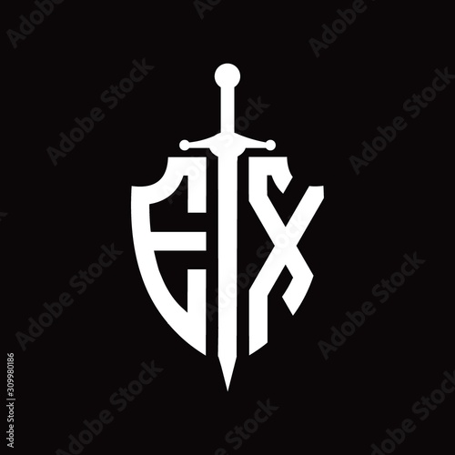 EX logo with shield shape and sword design template