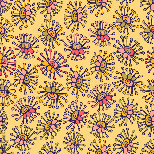 Modern seamless vector botanical colourful pattern with lined decorative flowers on yellow background. Can be used for printing on paper, stickers, badges, bijouterie, cards, textiles. 