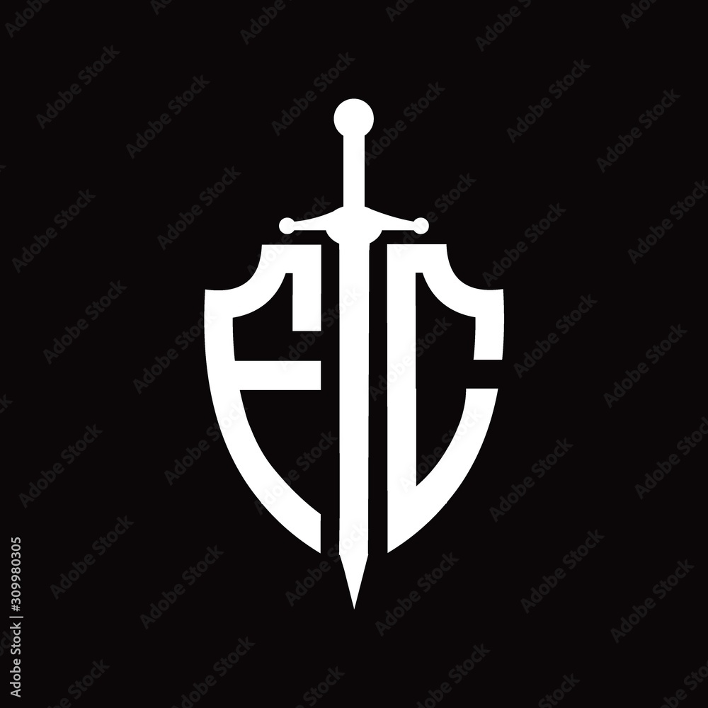 FC logo with shield shape and sword design template FC logo with shield shape and sword design template