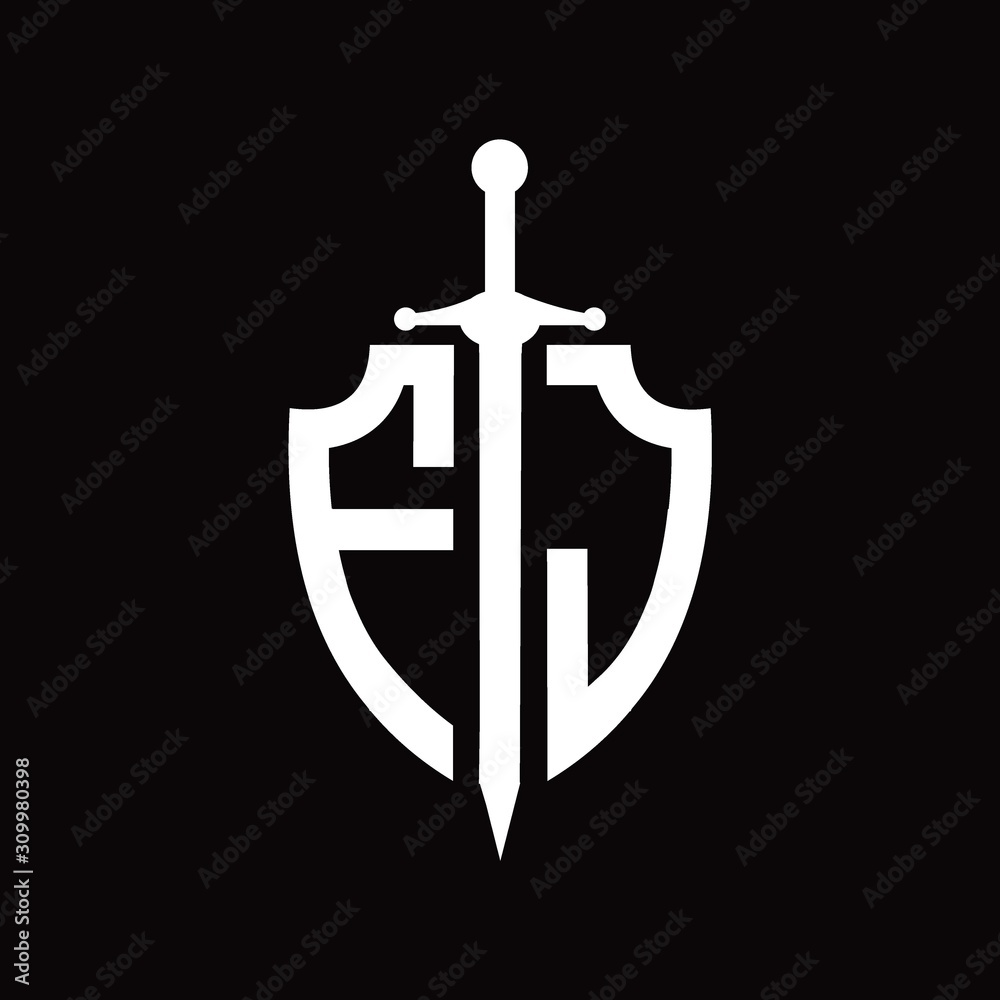 FJ logo with shield shape and sword design template FJ logo with shield shape and sword design template