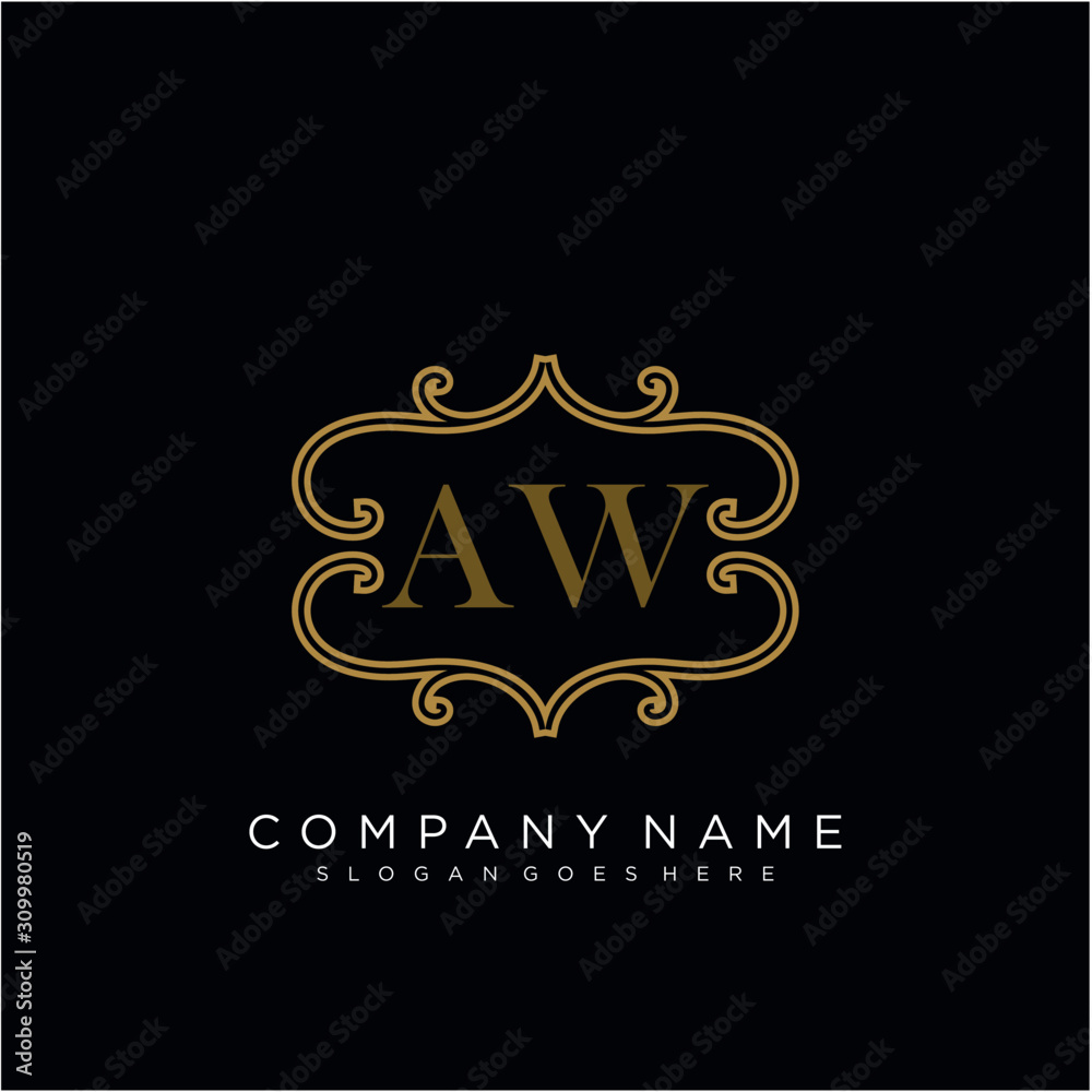 Initial letter AW logo luxury vector mark, gold color elegant classical