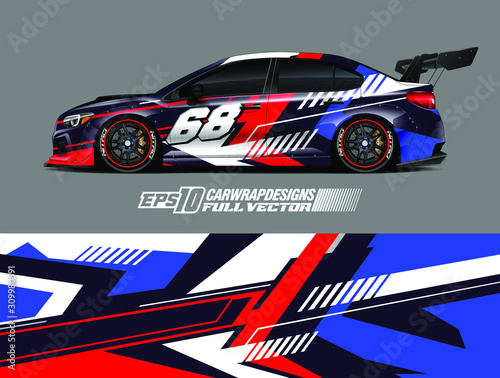 Racing car wrap design vector. Graphic abstract stripe racing background kit designs for wrap vehicle, race car, rally, adventure and livery. Full vector eps 10
