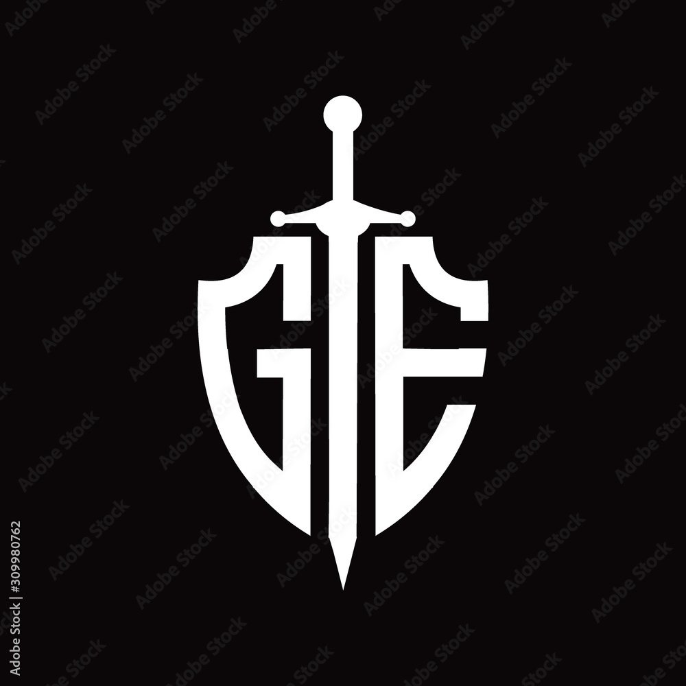 GE logo with shield shape and sword design template GE logo with shield shape and sword design template