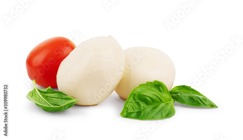 Mozzarella, basil, tomato on a white background