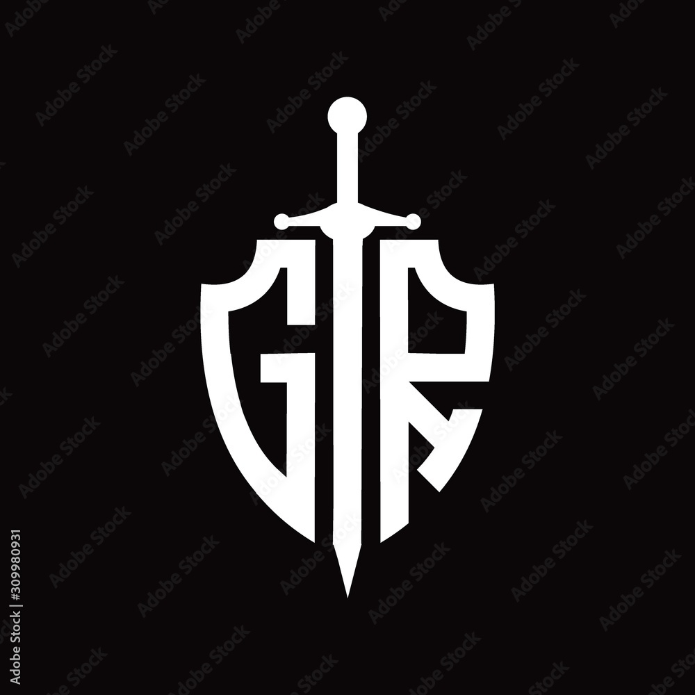 GR logo with shield shape and sword design template - obrazy, fototapety, plakaty 