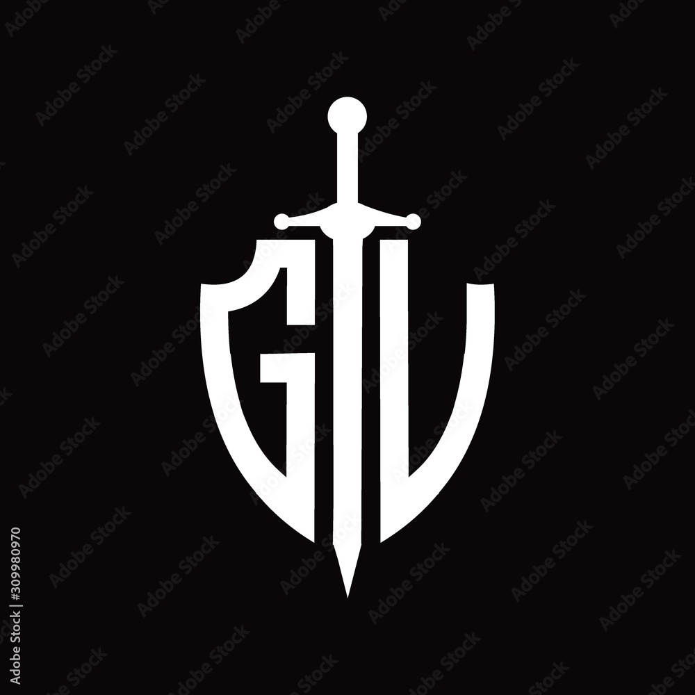 GV logo with shield shape and sword design template GV logo with shield shape and sword design template