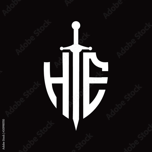 HE logo with shield shape and sword design template