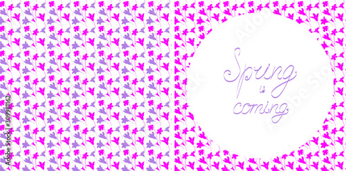 Isolated on white vector greeting card or signboard template with harebell flowers and circle frame and lettering Spring is coming