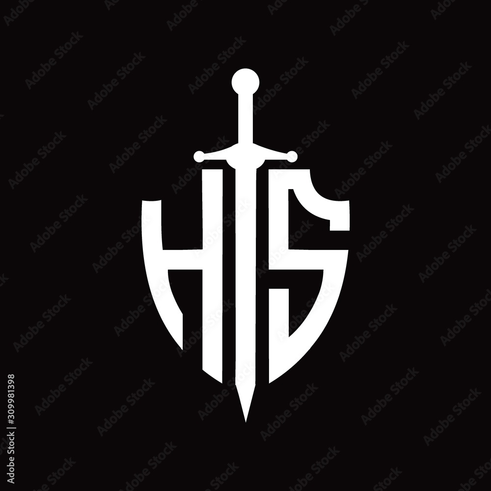 HS logo with shield shape and sword design template HS logo with shield shape and sword design template