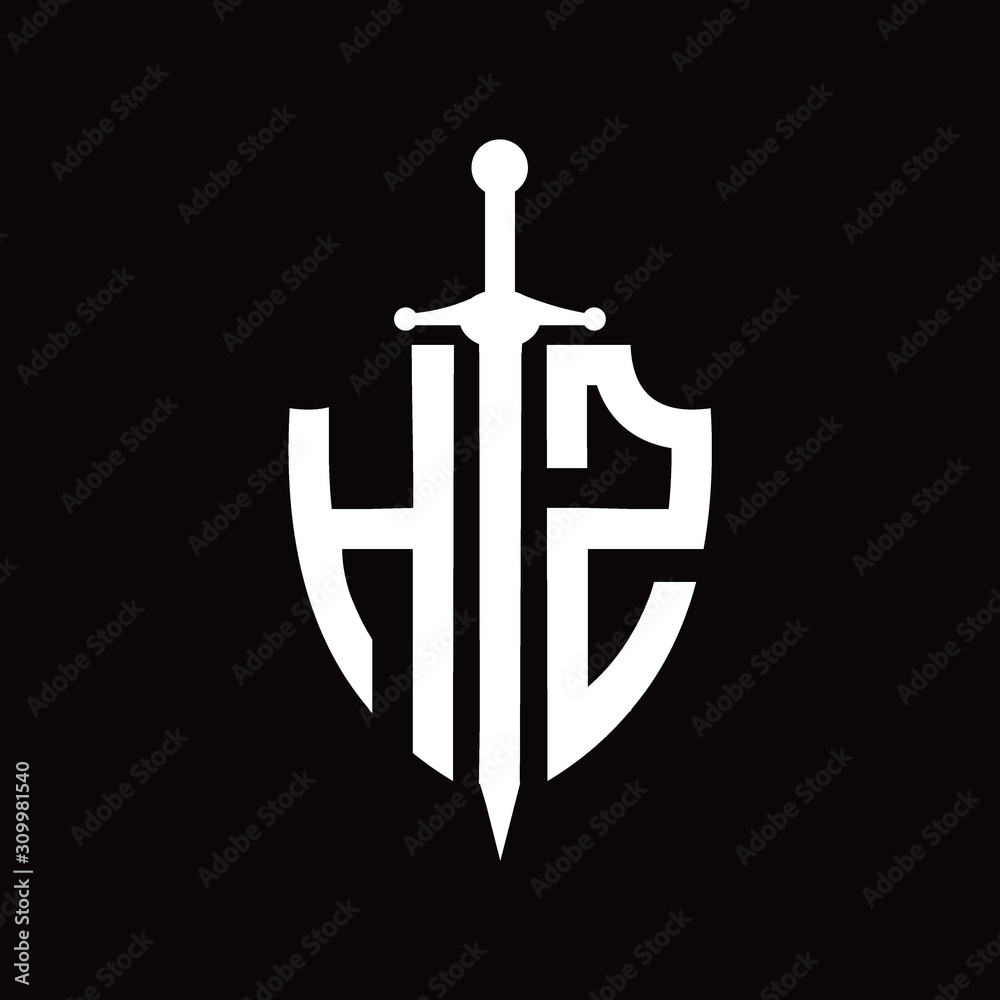 HZ logo with shield shape and sword design template HZ logo with shield shape and sword design template